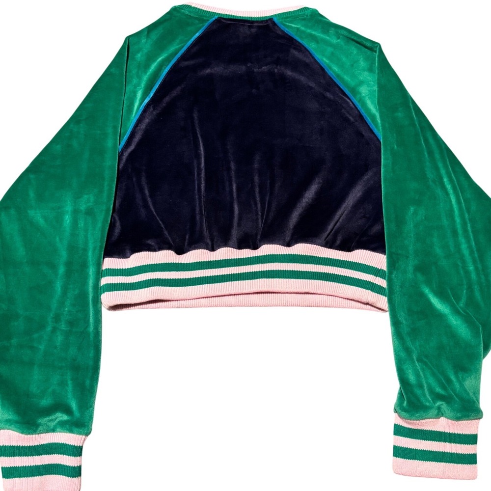 NWT Teddy Fresh Womens Velour Cropped Sweatshirt Navy Green Pink Bear Logo XS - Picture 3 of 7